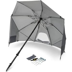 imageSportBrella Fieldedge Gray UPF 50 Sun Protection Umbrella 6Foot BiFold Canopy with Patented Side Panels Premium Auger Bit and Carry Bag for Outdoor Shade on Beach Grass or Sidelines